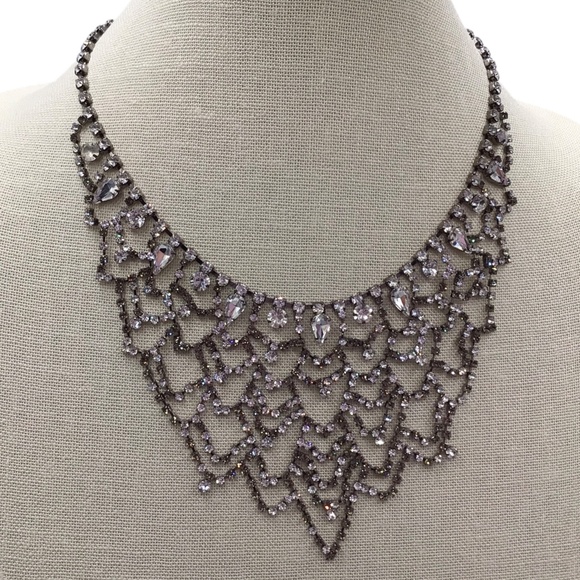 Vintage Rhinestone Bib Necklace, Sparkly Clear Crystal Statement Necklace - Picture 4 of 15
